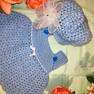 Blue and white Camille Easter dress and hat. 6-9 months.